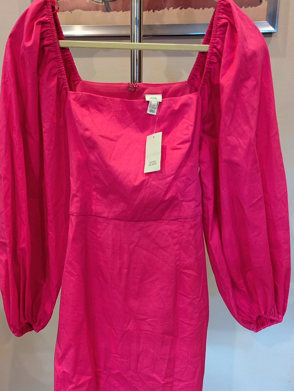 $22 River Island Size 12 NWT Pink Puff Sleeve Square Neck Mini Dress